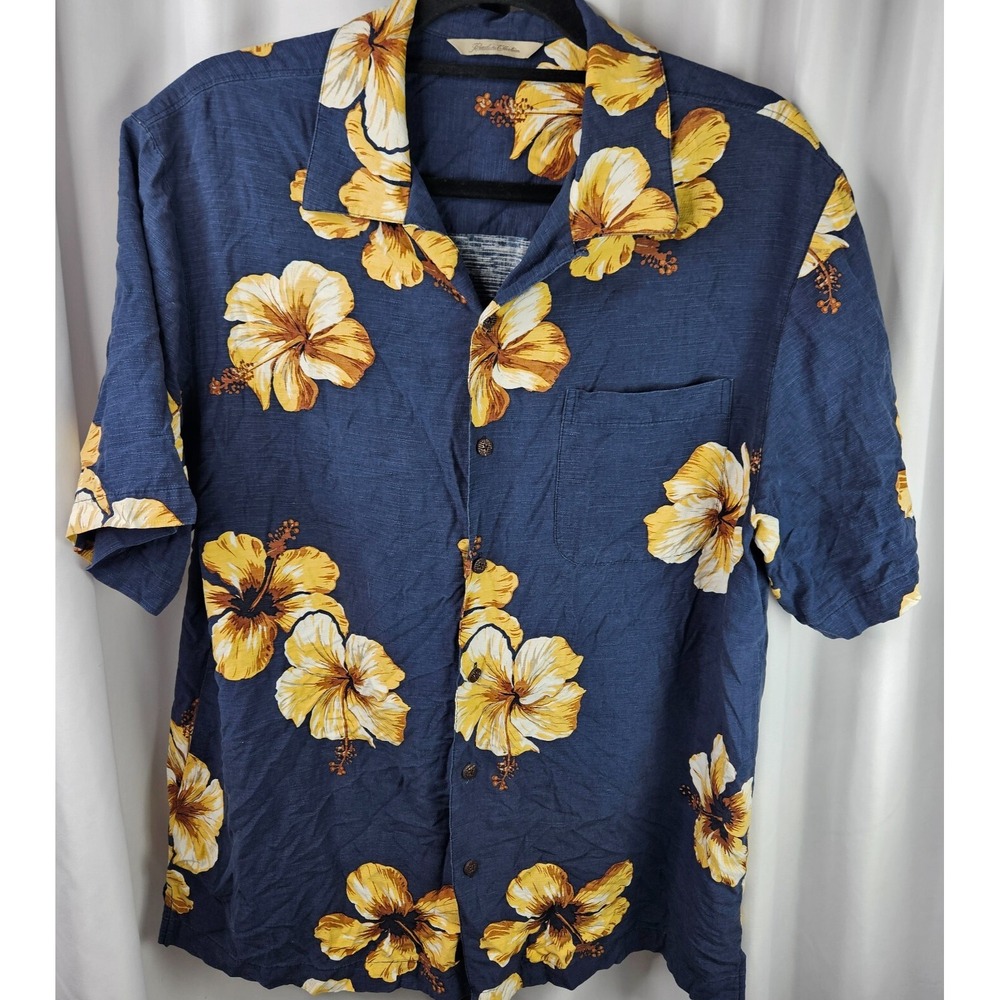 Paradise Collection Mens Silk Aloha Hawaiian Shirt Blue Yellow Hibiscus Size M